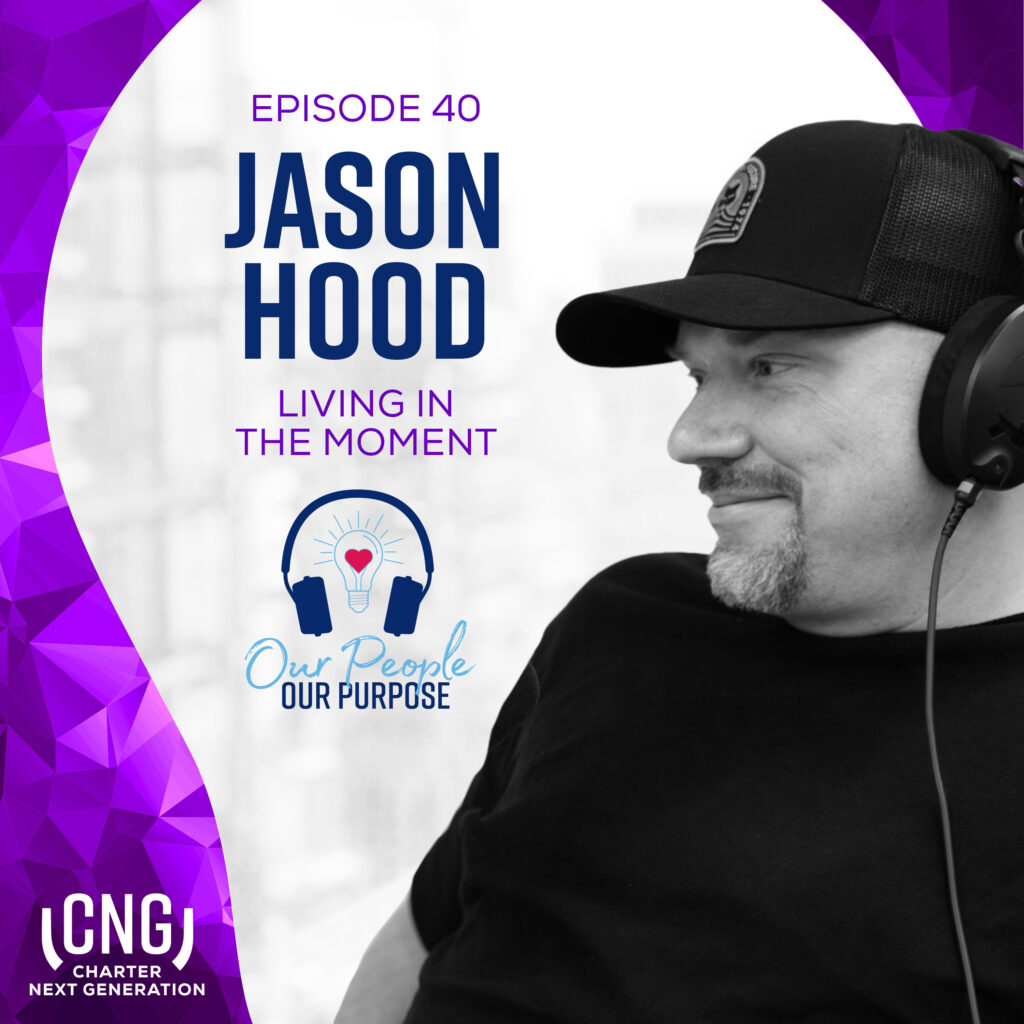 Man wearing a cap and headphones, smiling, with text "Episode 40, Jason Hood, Living in the Moment" and logos on a purple geometric background.